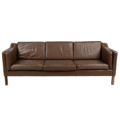 Mid Century Danish Modern Beautiful Brown Leather 3 Seat Sofa wood Legs