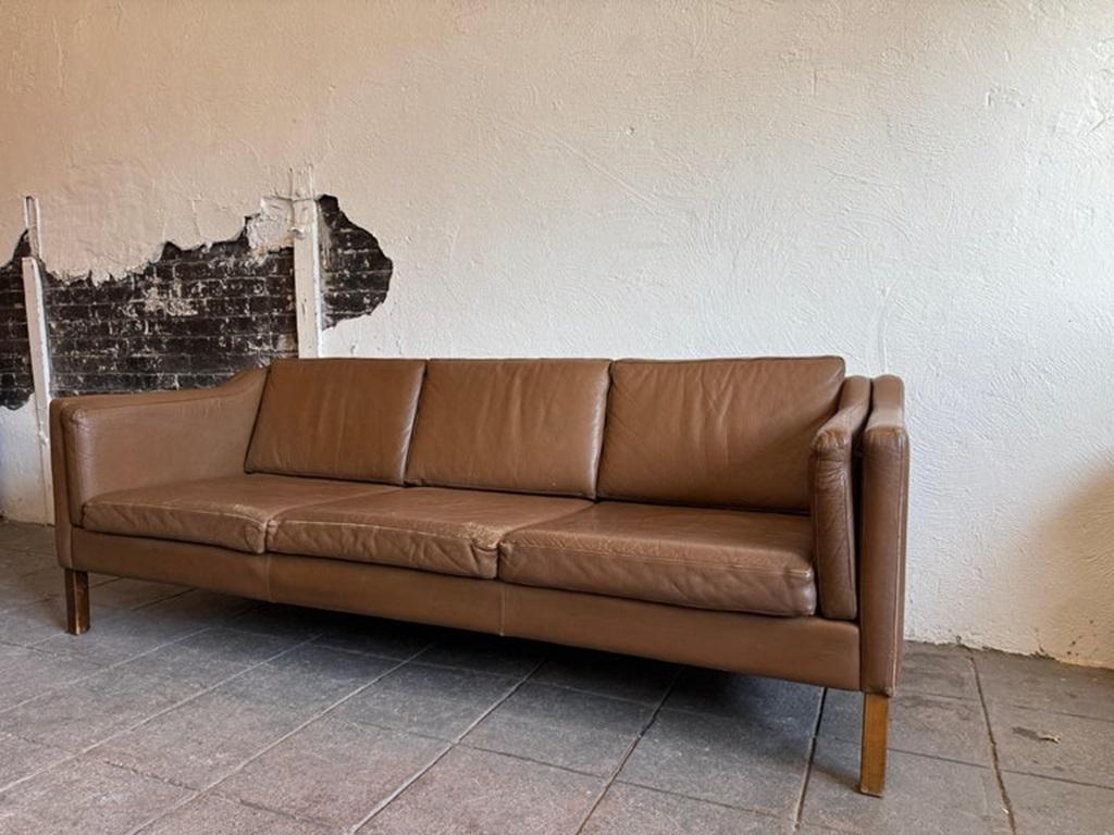 Mid-Century Modern Mid Century Danish Modern Beautiful Brown Leather 3 Seat Sofa wood Legs