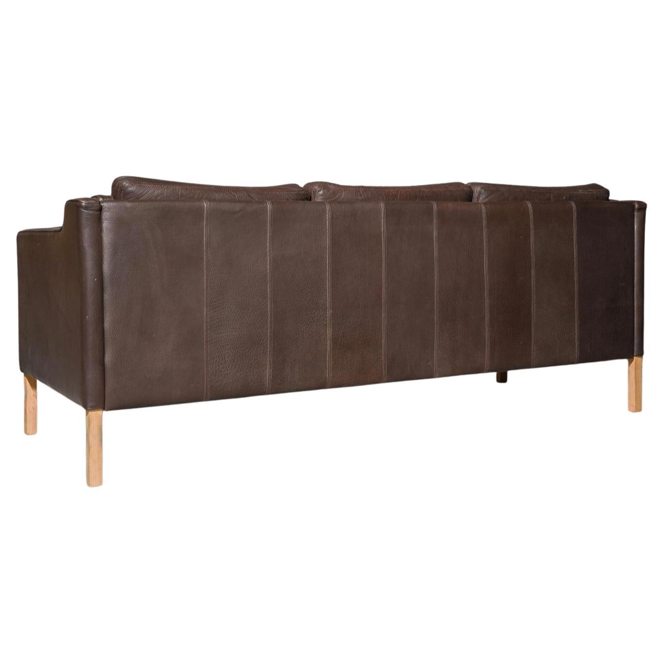 Mid-Century Modern Mid-Century Danish Modern Beautiful Brown Leather 3 Seat Sofa Wood Legs For Sale