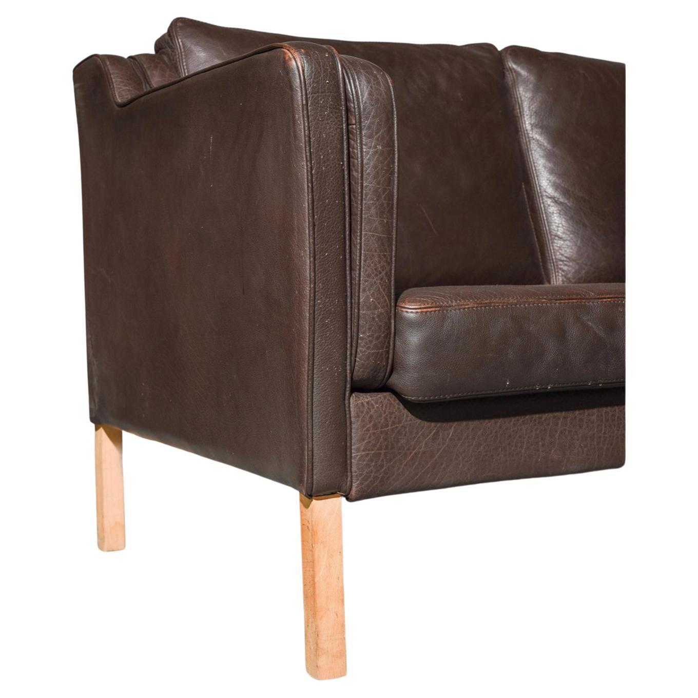 Woodwork Mid-Century Danish Modern Beautiful Brown Leather 3 Seat Sofa Wood Legs For Sale