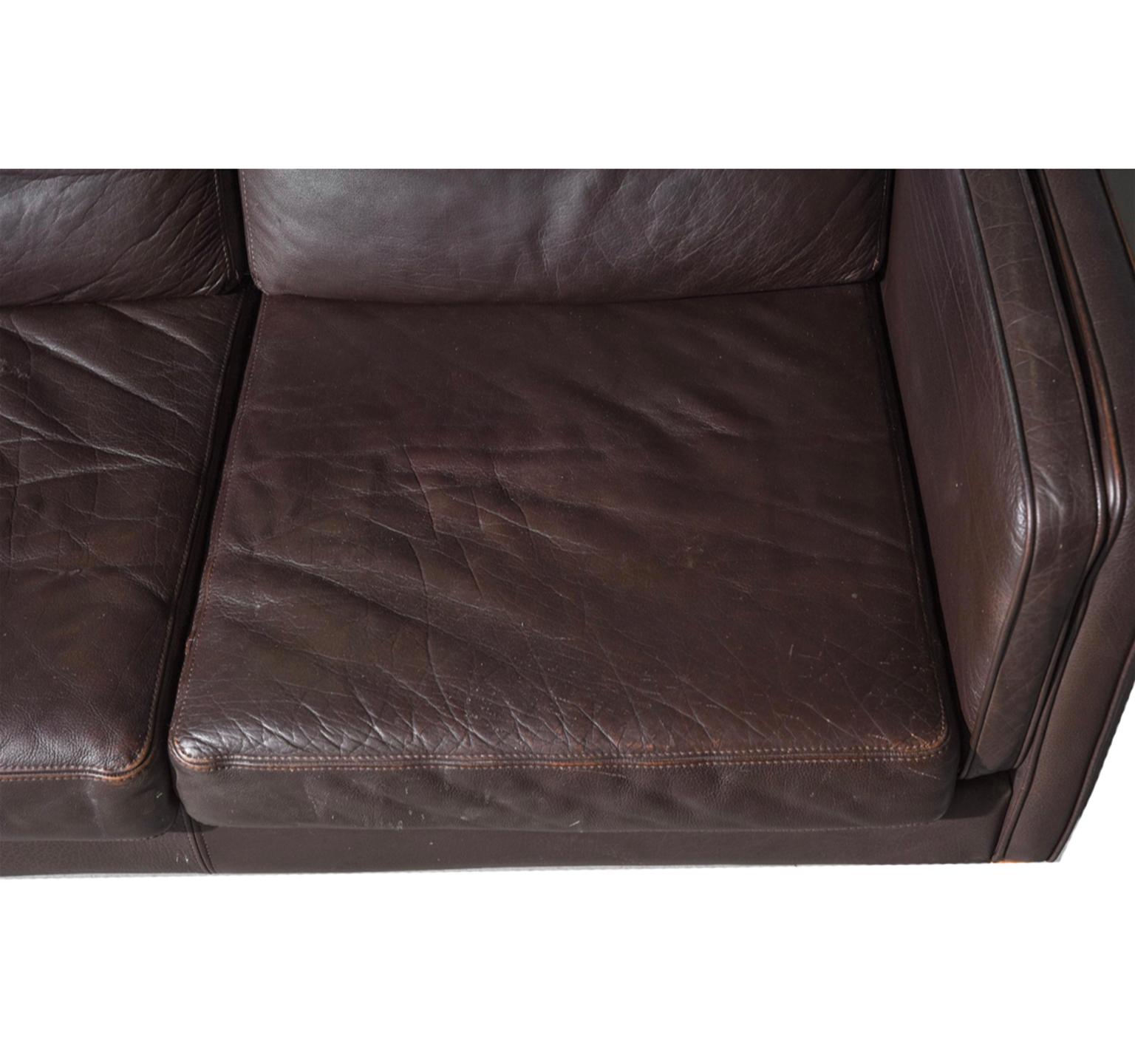 Mid-20th Century Mid-Century Danish Modern Beautiful Brown Leather 3 Seat Sofa Wood Legs For Sale