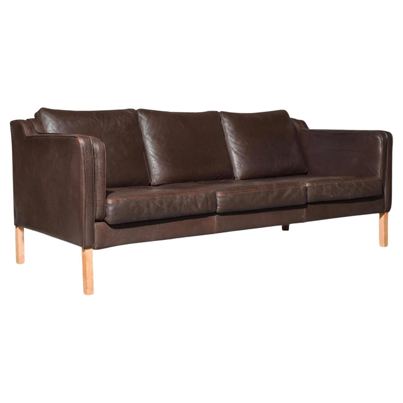 Mid-Century Danish Modern Beautiful Brown Leather 3 Seat Sofa Wood Legs For Sale