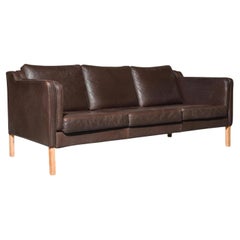 Mid-Century Danish Modern Beautiful Brown Leather 3 Seat Sofa Wood Legs