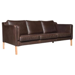 Vintage Mid-Century Danish Modern Beautiful Brown Leather 3 Seat Sofa Wood Legs