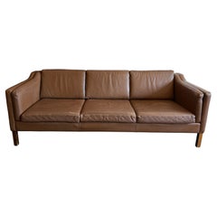Mid Century Danish Modern Beautiful Brown Leather 3 Seat Sofa wood Legs