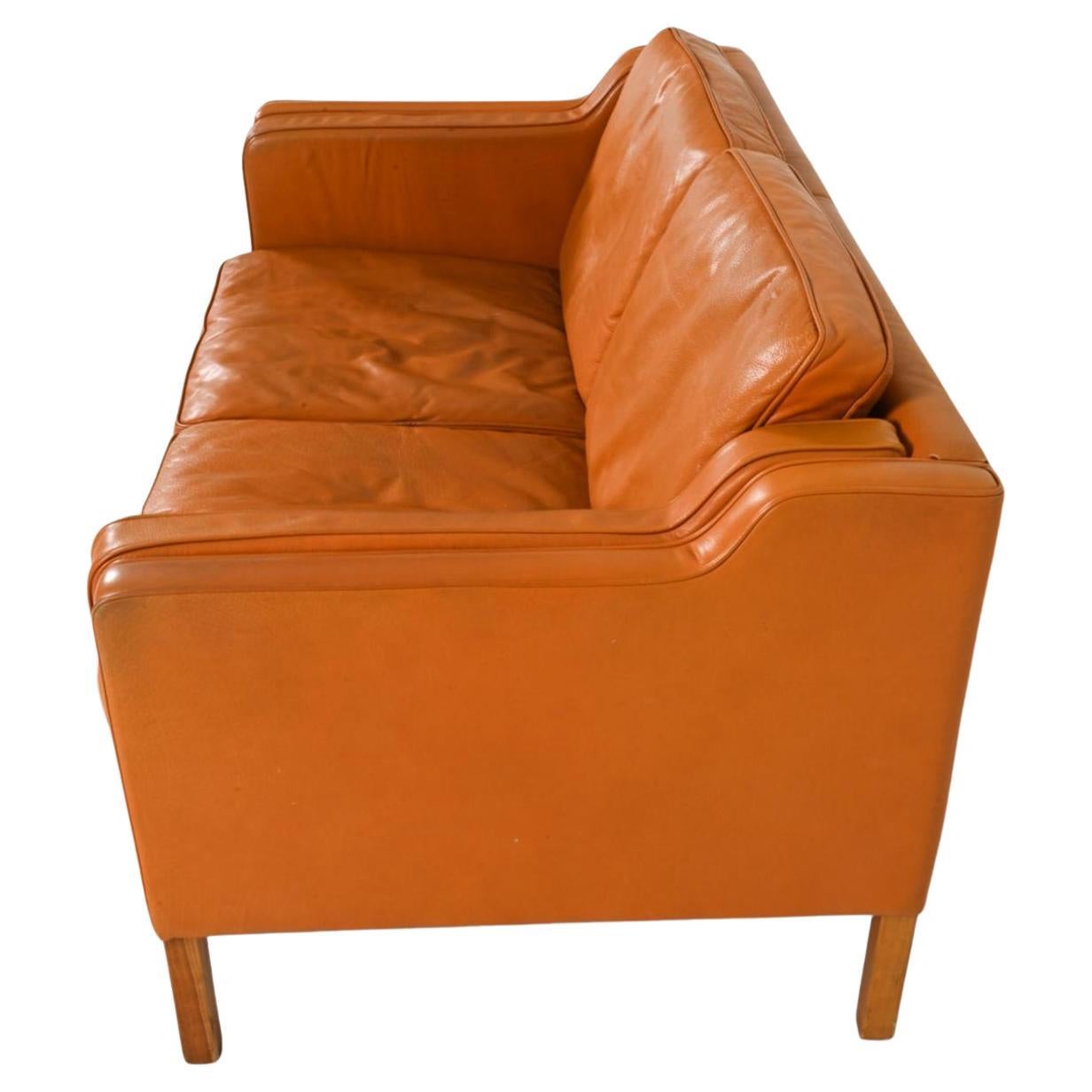 Mid-Century Danish Modern Beautiful butterscotch Leather 2 Seat Sofa Birch Legs In Good Condition For Sale In BROOKLYN, NY
