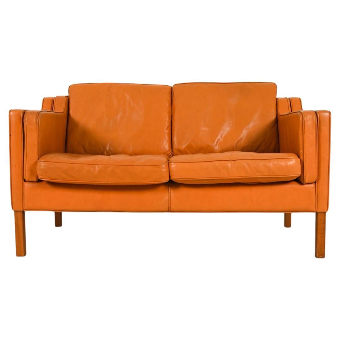 Mid-Century Danish Modern Beautiful butterscotch Leather 2 Seat Sofa Birch Legs For Sale
