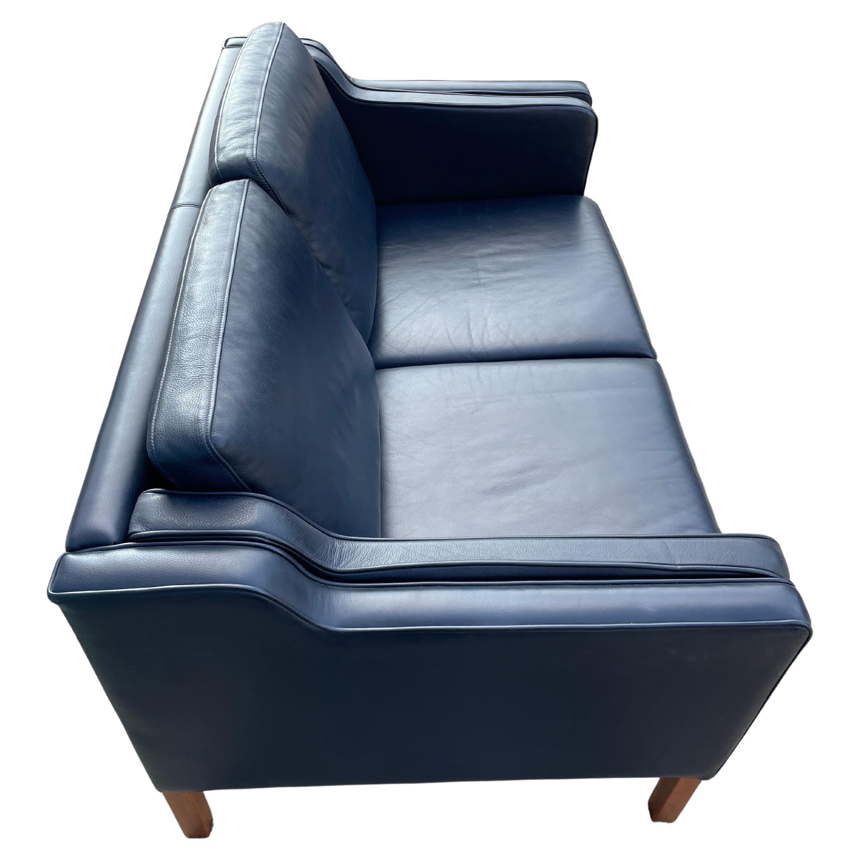 Mid-Century Modern Mid Century Danish Modern Beautiful Dark Blue Leather 2 Seat Sofa Birch Legs
