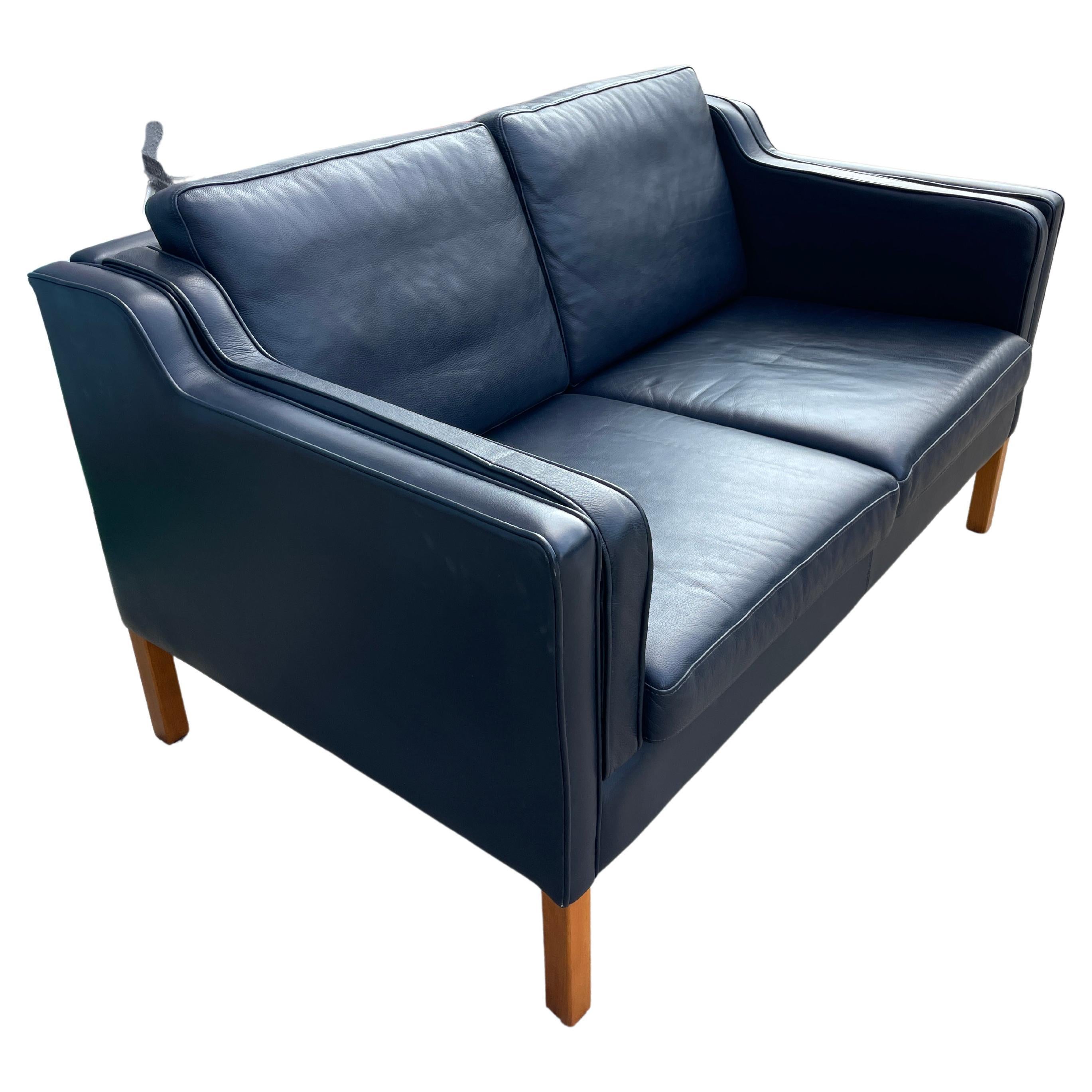 Woodwork Mid Century Danish Modern Beautiful Dark Blue Leather 2 Seat Sofa Birch Legs
