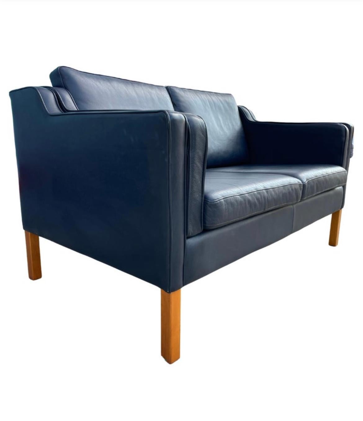 Mid-Century Modern Mid-Century Danish Modern Beautiful Dark Blue Leather 2 Seat Sofa Birch Legs