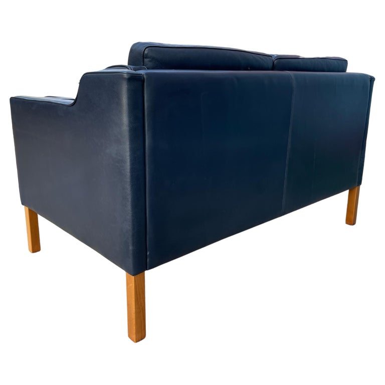 Mid Century Danish Modern Beautiful Dark Blue Leather 2 Seat Sofa Birch