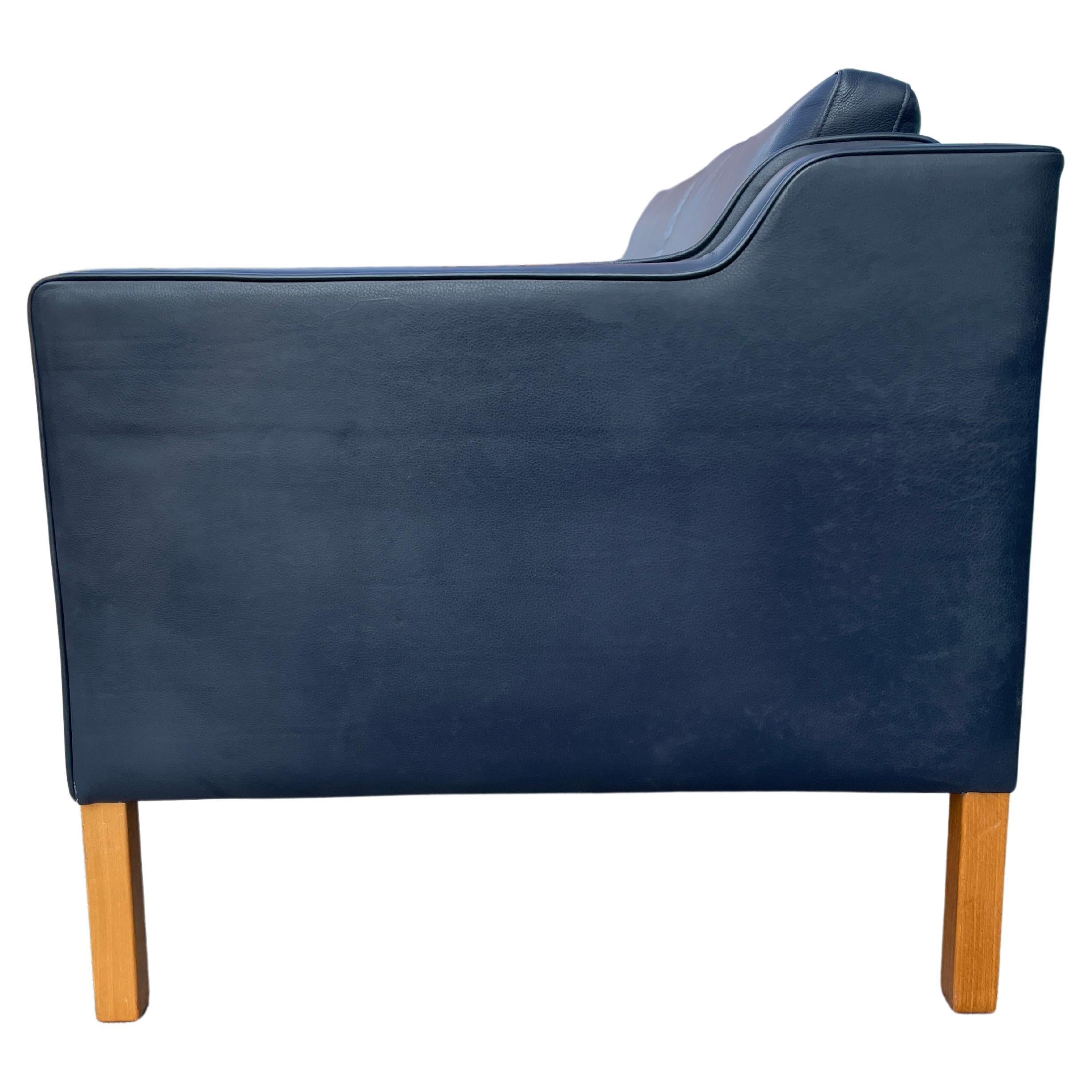 Mid-20th Century Mid Century Danish Modern Beautiful Dark Blue Leather 2 Seat Sofa Birch Legs