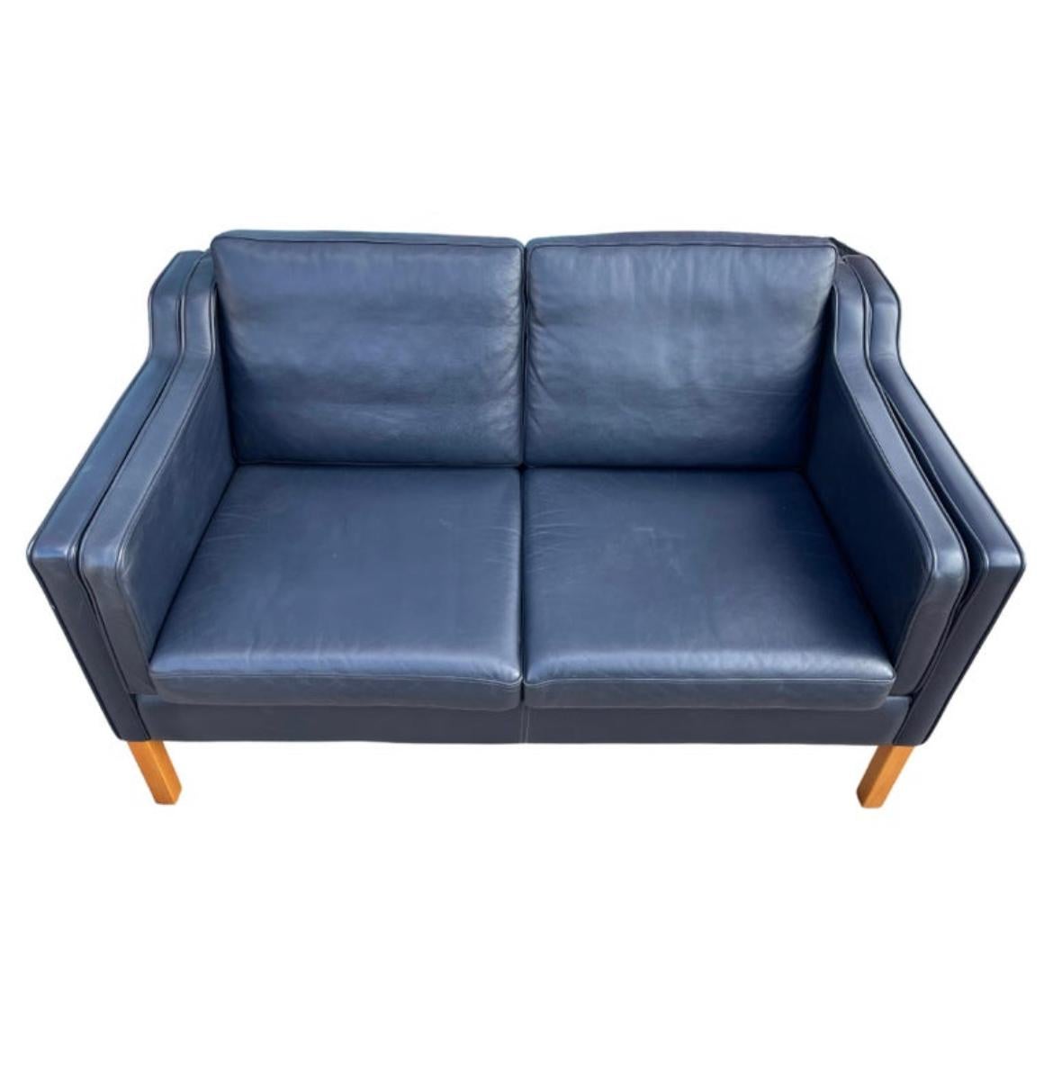 Mid-Century Danish Modern Beautiful Dark Blue Leather 2 Seat Sofa Birch Legs In Good Condition In BROOKLYN, NY