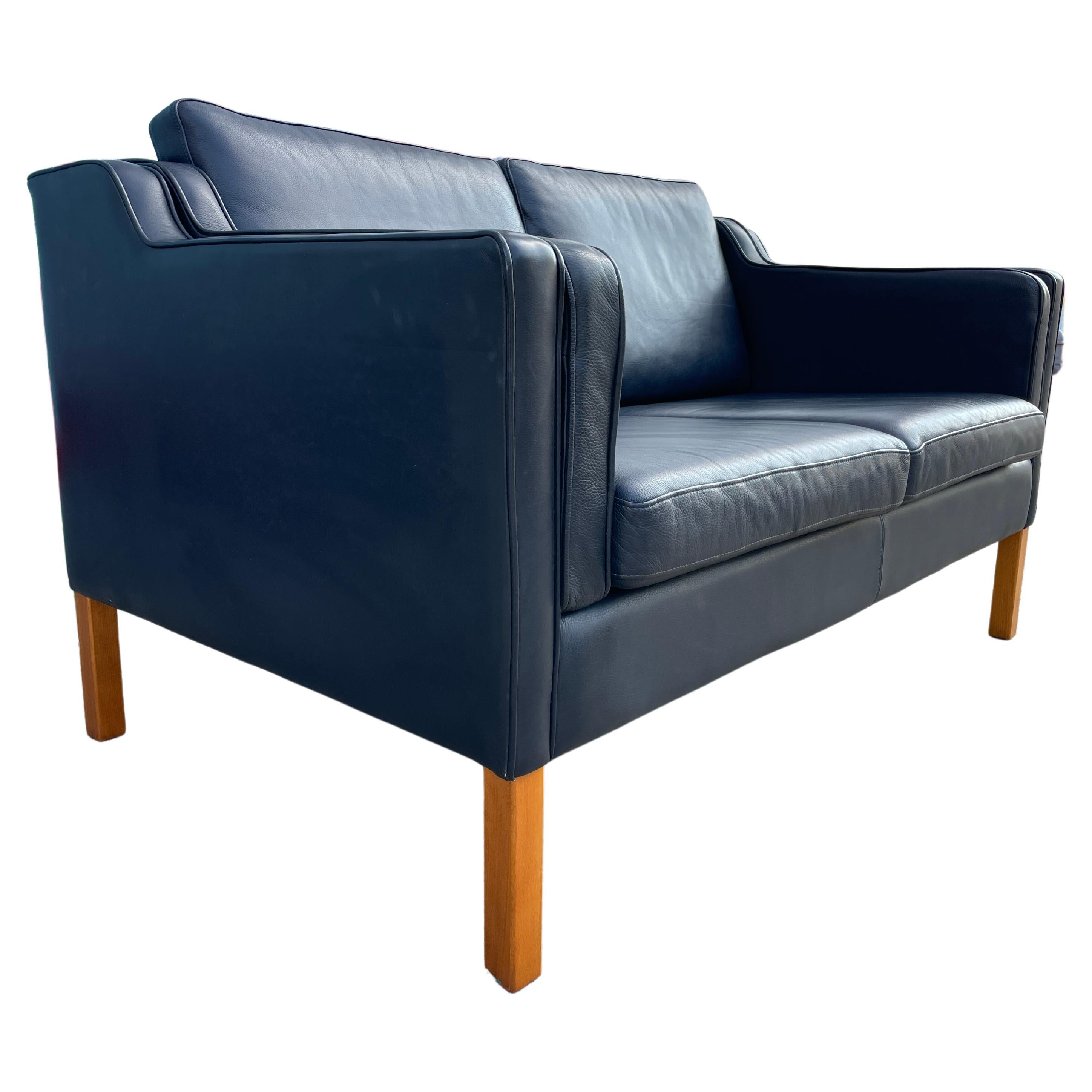 Mid Century Danish Modern Beautiful Dark Blue Leather 2 Seat Sofa Birch Legs 2