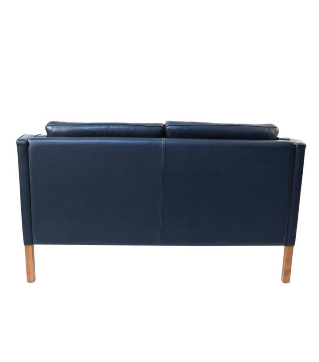 Mid-Century Danish Modern Beautiful Dark Blue Leather 2 Seat Sofa Birch Legs 1