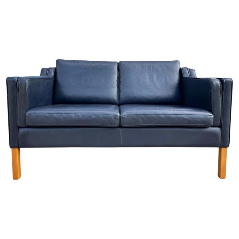 Mid-Century Danish Modern Beautiful Dark Blue Leather 2 Seat Sofa Birch  Legs For Sale at 1stDibs
