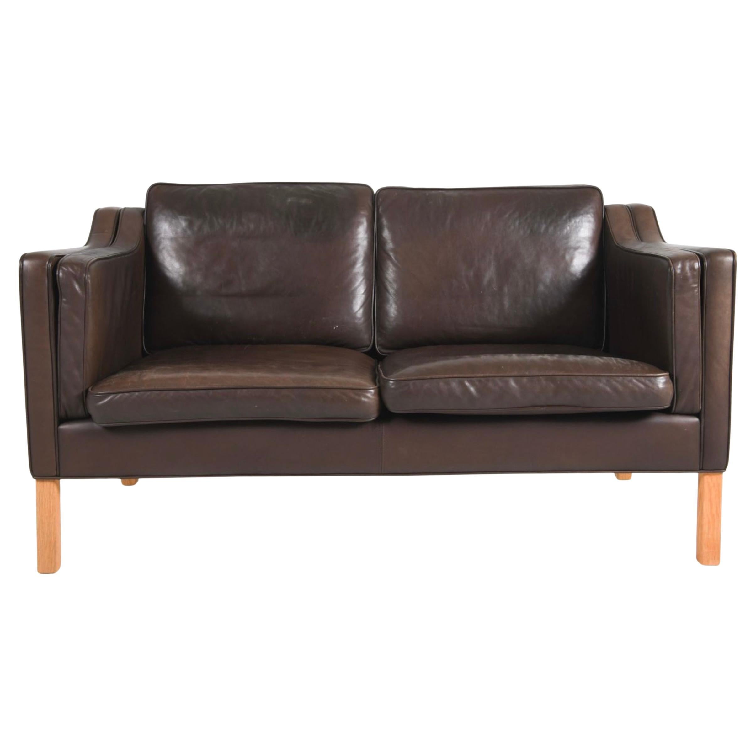 Mid Century Danish Modern Beautiful Dark Brown Leather 2 Seat Sofa loveseat