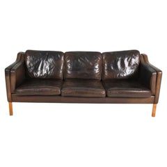 Mid Century Danish Modern Beautiful Dark Brown Leather 3 Seat Sofa nice patina