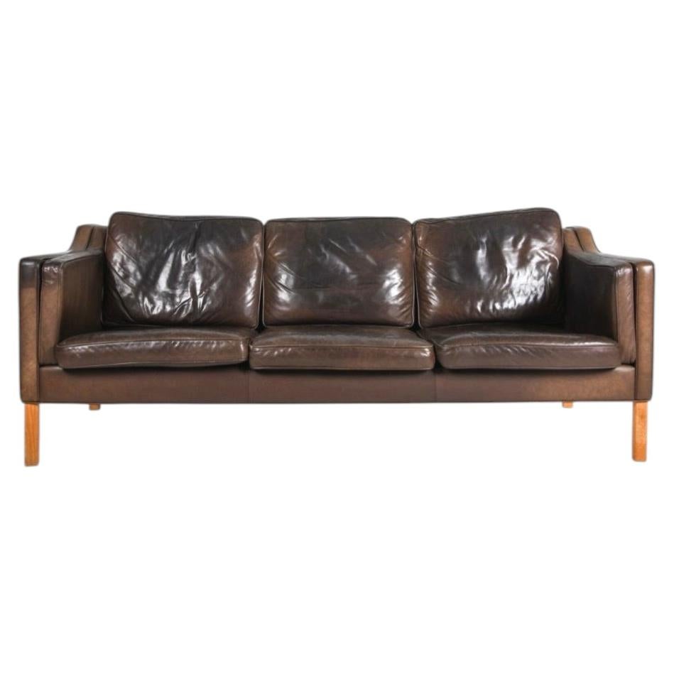 Mid Century Danish Modern Beautiful Dark Brown Leather 3 Seat Sofa nice patina