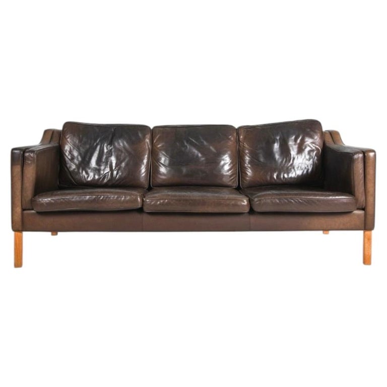 Mid Century Danish Modern Beautiful Dark Brown Leather 3 Seat Sofa nice patina
