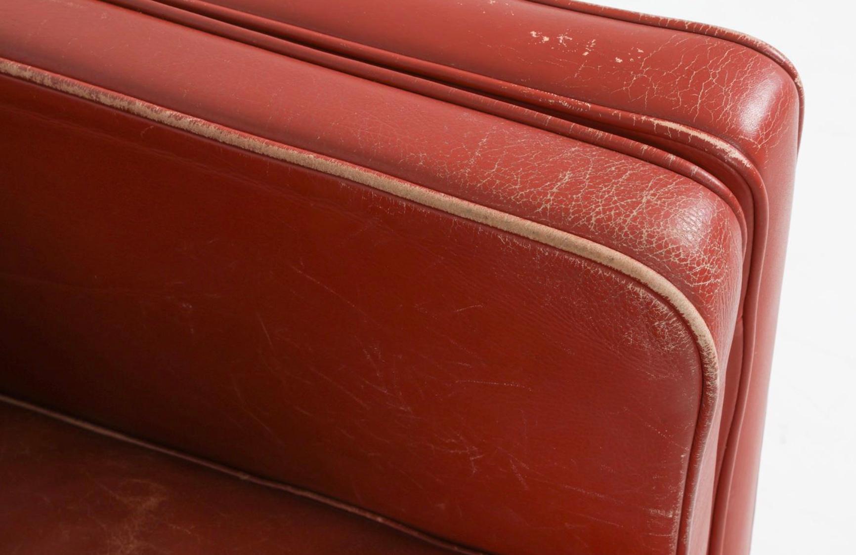 Mid-Century Danish Modern Beautiful Dark Red Leather 2 Seat Sofa Birch Legs In Good Condition In BROOKLYN, NY
