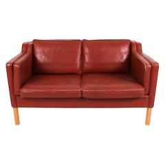 Mid-Century Danish Modern Beautiful Dark Red Leather 2 Seat Sofa Birch Legs