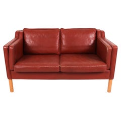 Mid-Century Danish Modern Beautiful Dark Red Leather 2 Seat Sofa Birch Legs