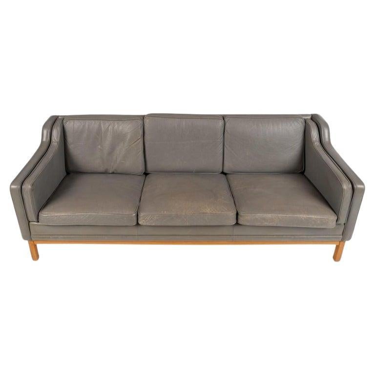 Mid century Danish Modern Beautiful Gray Leather 3 Seat Sofa Wood Legs