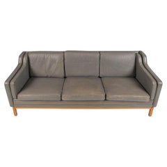 Vintage Mid century Danish Modern Beautiful Gray Leather 3 Seat Sofa Wood Legs