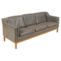 Mid century Danish Modern Beautiful Gray Leather 3 Seat Sofa Wood Legs