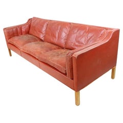 Mid century Danish Modern Beautiful Red Leather 3 Seat Sofa by Børge Mogensen