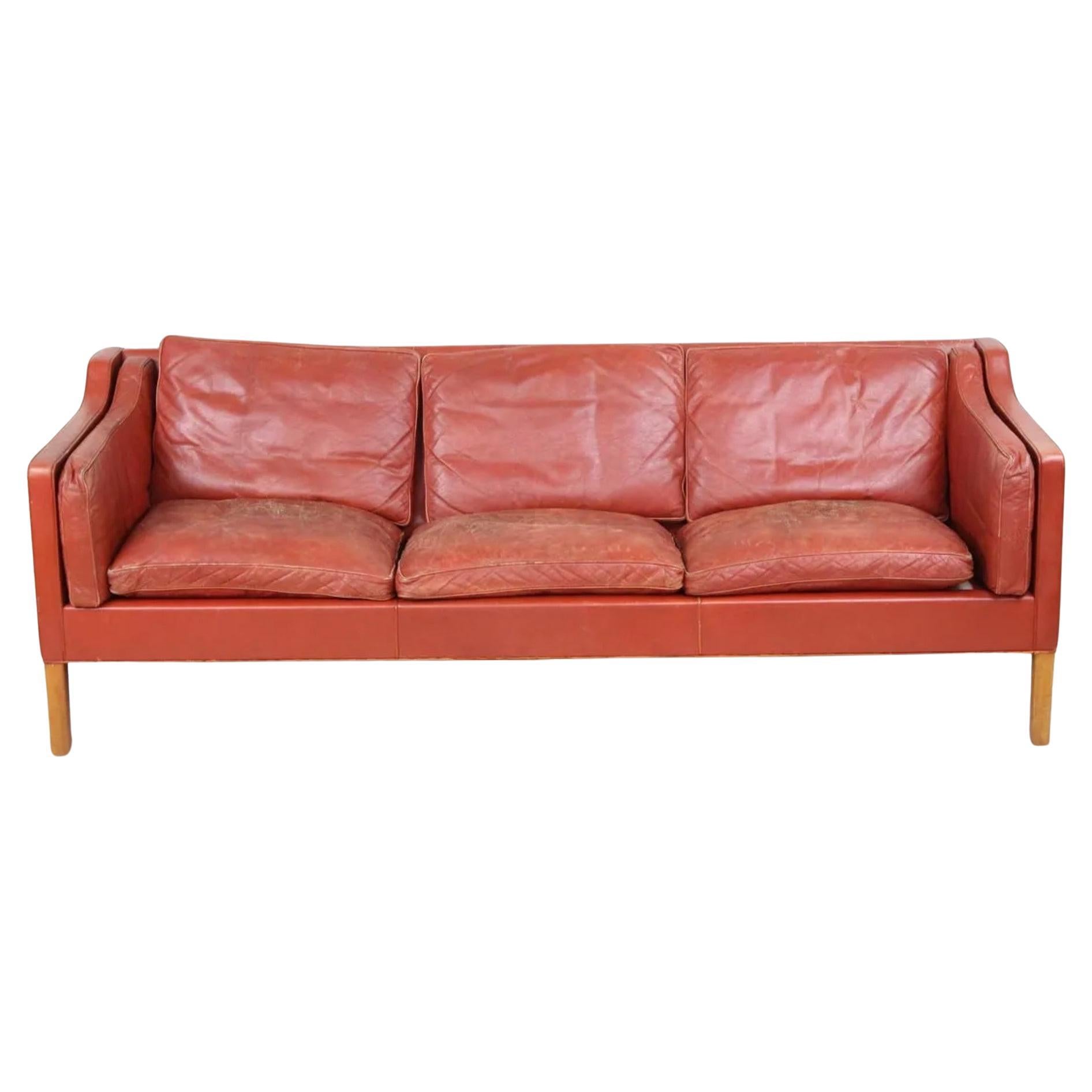 Mid century Danish Modern Beautiful Red Leather 3 Seat Sofa by Børge Mogensen