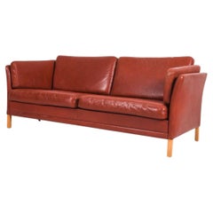 Mid Century Danish Modern Beautiful Red Leather long loveseat Sofa