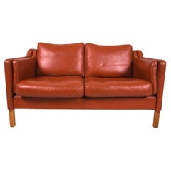 Mid Century Danish Modern Beautiful Red Leather loveseat Sofa oak Legs