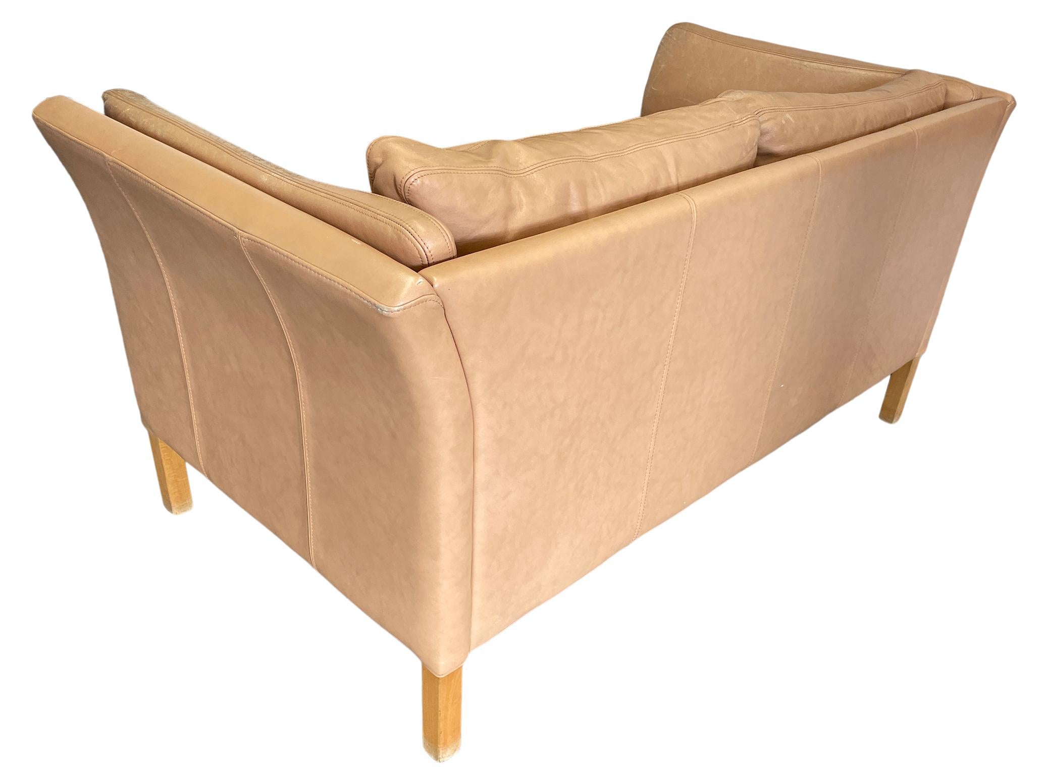 Mid Century Danish Modern Beautiful Tan Leather 2 Seat Sofa Birch Legs