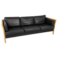 Mid Century Danish Modern Black Leather 3 Seat Sofa birch Legs Cane sides