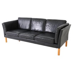 Mid Century Danish Modern black Leather 3 seat Sofa
