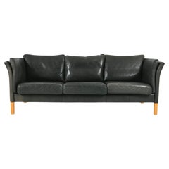 Mid Century Danish Modern black Leather 3 seat Sofa nice patina