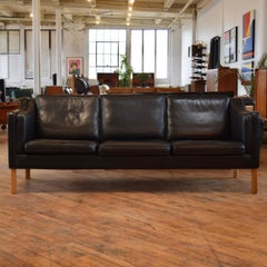 Mid Century Danish Modern Black Leather 3 Seat Sofa w/ Birch Legs