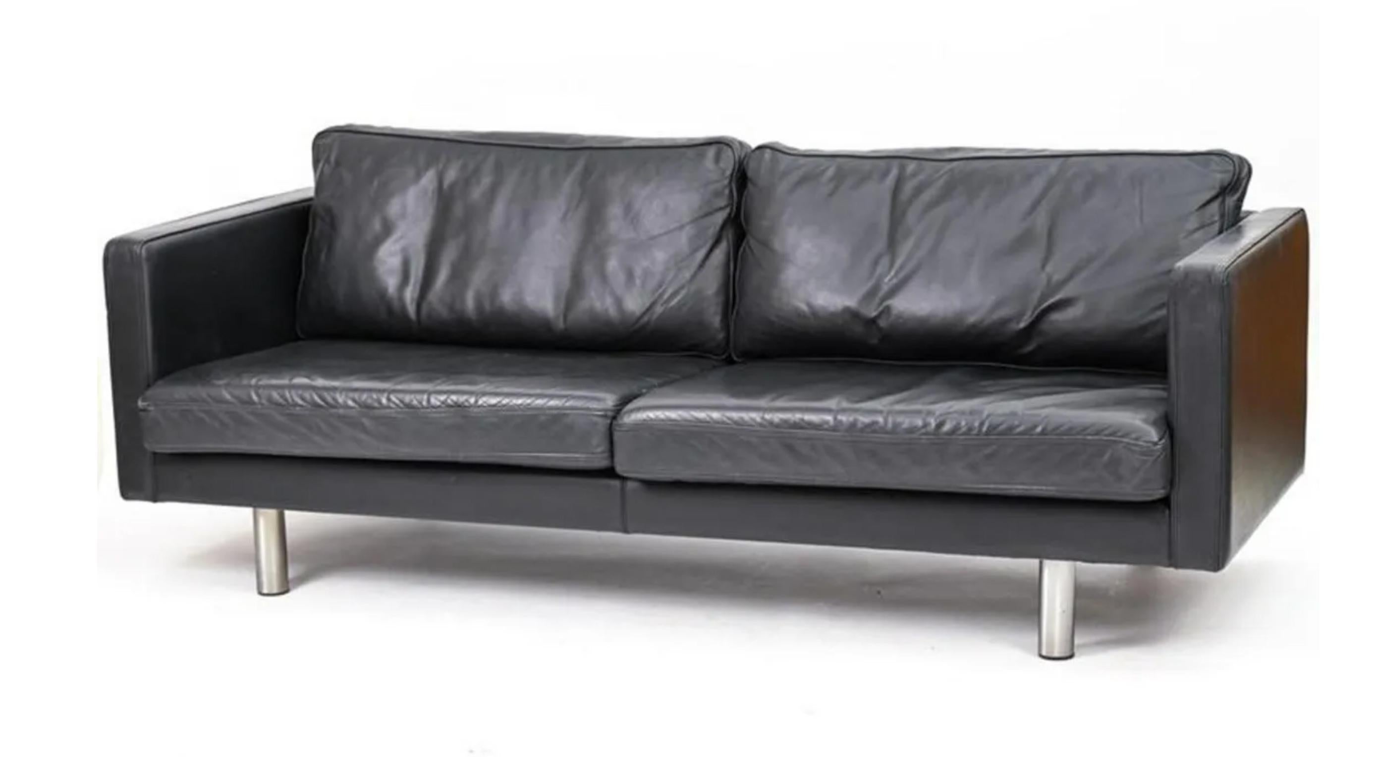 Midcentury Danish modern Erik Jørgensen ej220 beautiful Black leather sofa with Chrome legs. Beautiful Black leather is soft and shows little signs of use but broken in nicely. Great Danish Modern cube designed sofa. Great vintage condition. Sofa is