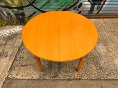 Midcentury Danish Modern Blonde Finish Birch Round Dining Table with 1 Leaf