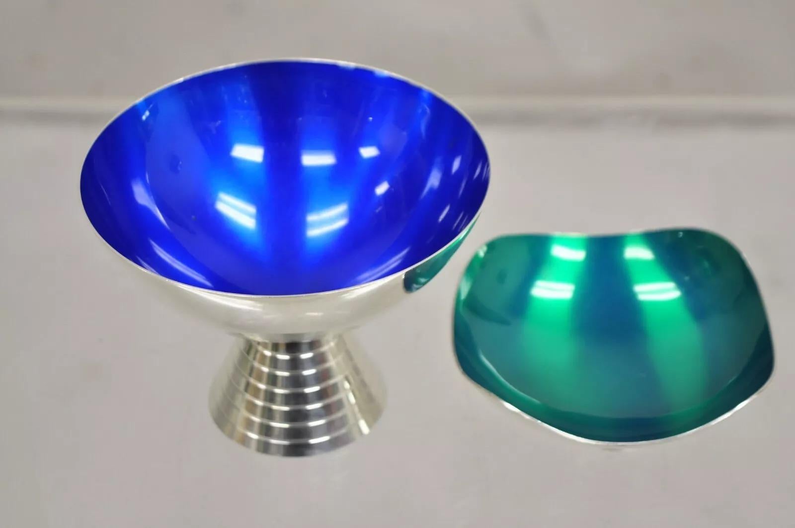 Mid Century Danish Modern Blau Grün Rot Versilbert Emaille Kompott - 3 St. (Moderne der Mitte des Jahrhunderts) im Angebot