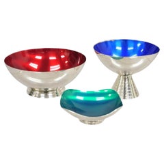 Mid Century Danish Modern Blue Green Red Silver Plated Enamel Compote - 3 Pc