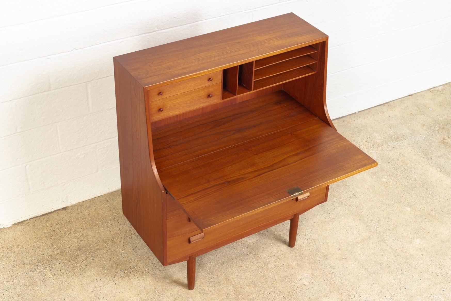 Brass Midcentury Danish Modern Borge Mogensen Teak Wood Drop Front Secretary Desk For Sale