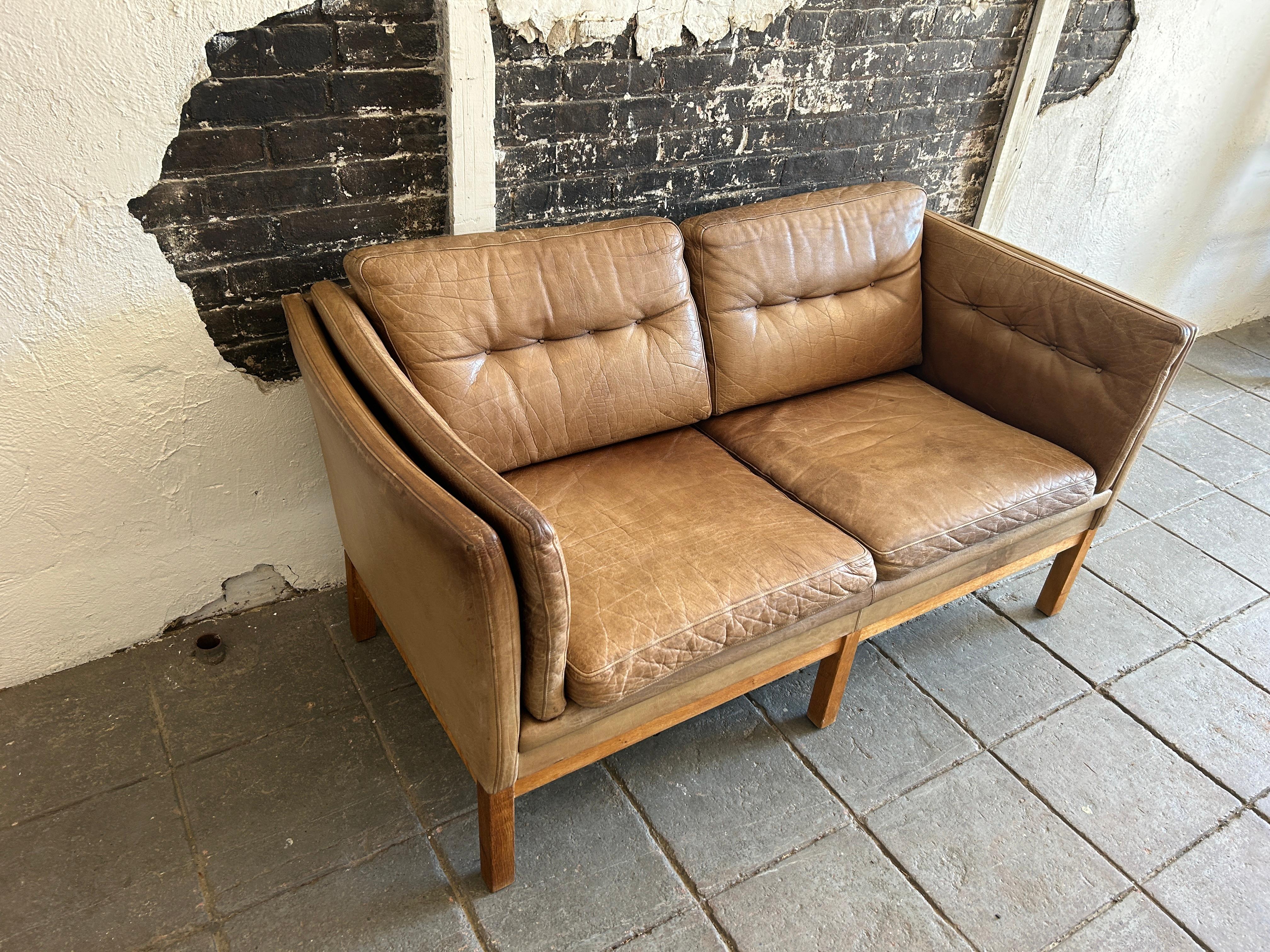 Mid-Century Modern Mid Century Danish Modern Brown Leather 2 Seat Sofa oak legs faded with patina 