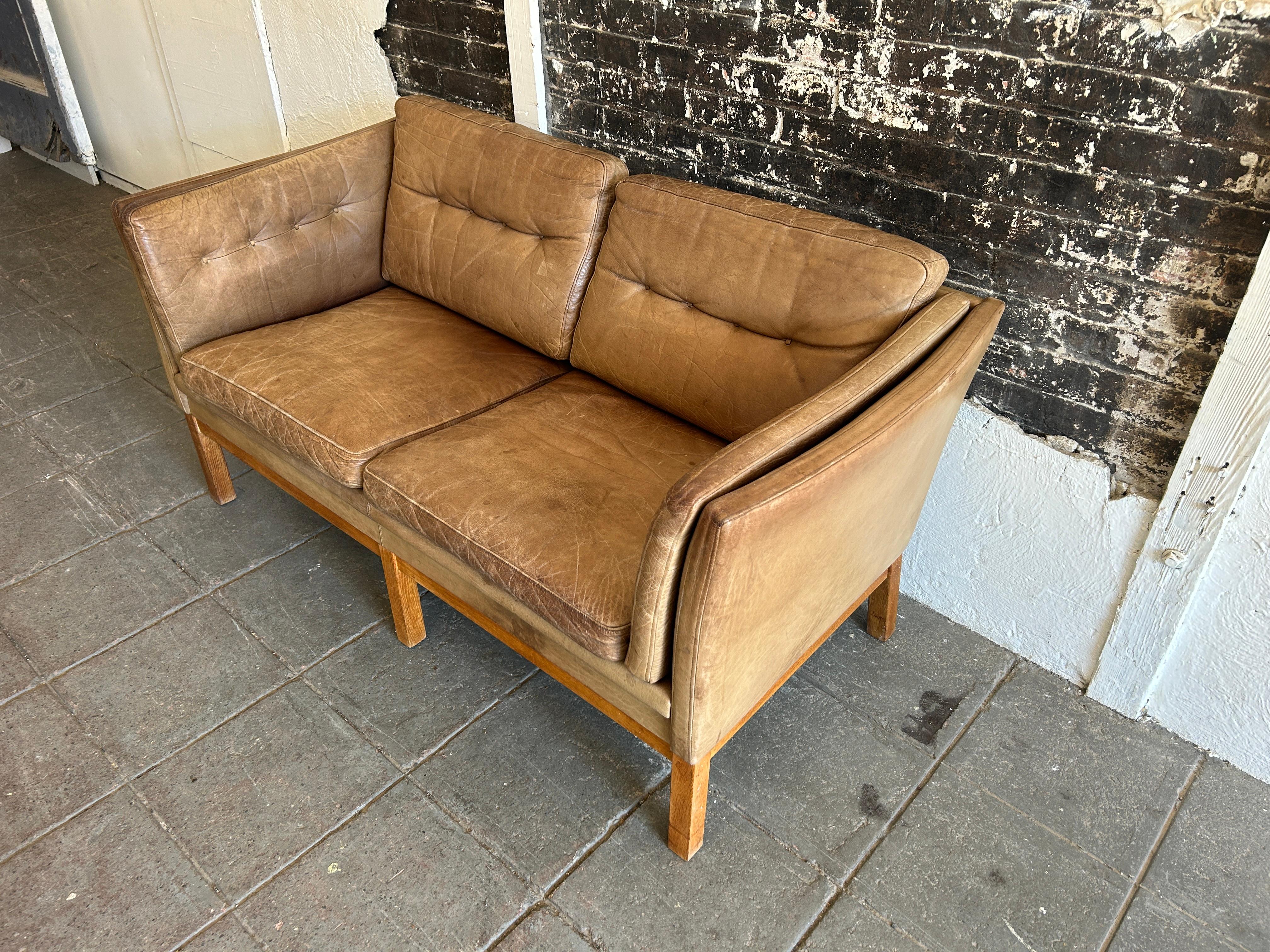 Woodwork Mid Century Danish Modern Brown Leather 2 Seat Sofa oak legs faded with patina 