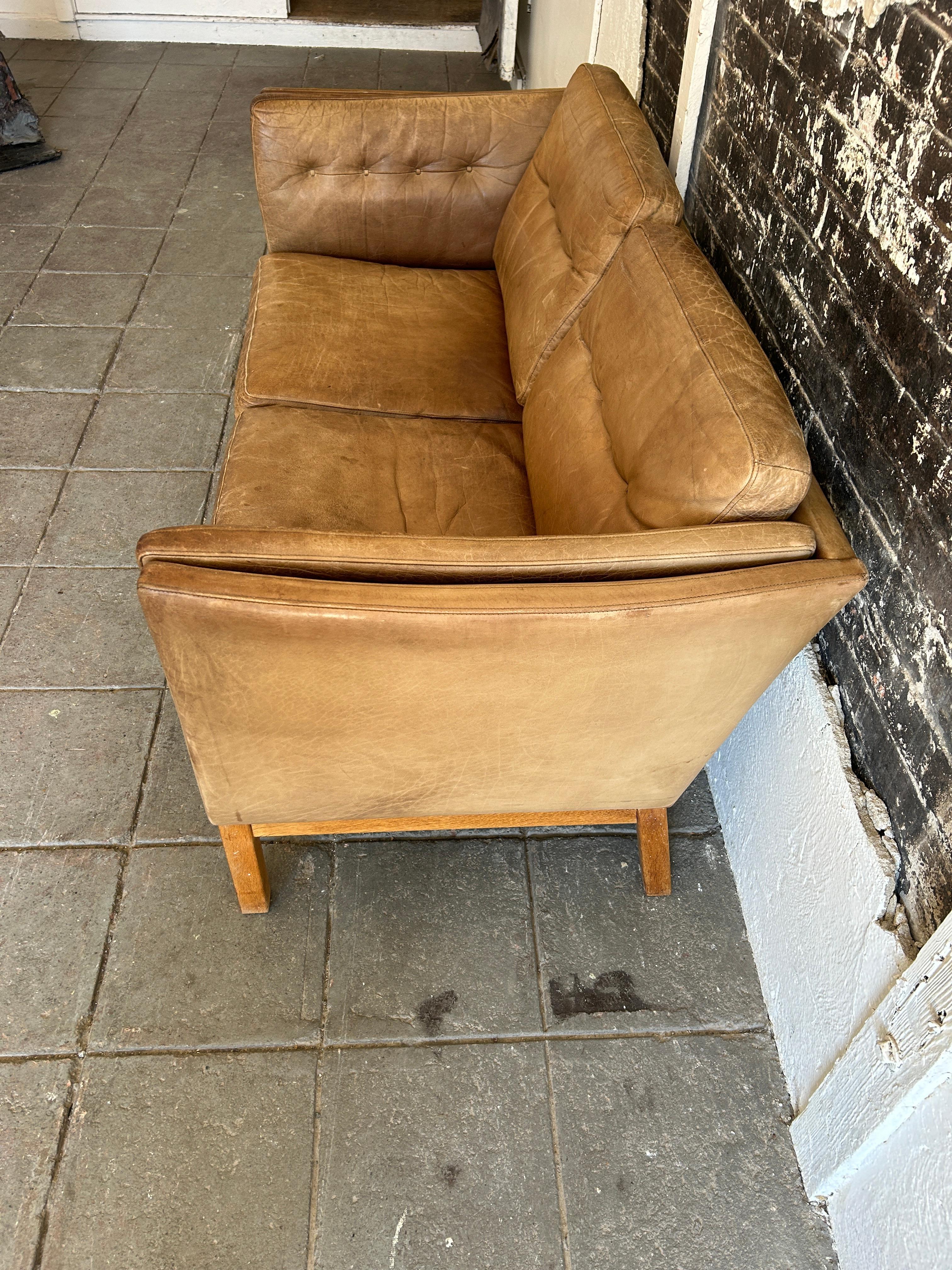Mid-20th Century Mid Century Danish Modern Brown Leather 2 Seat Sofa oak legs faded with patina 