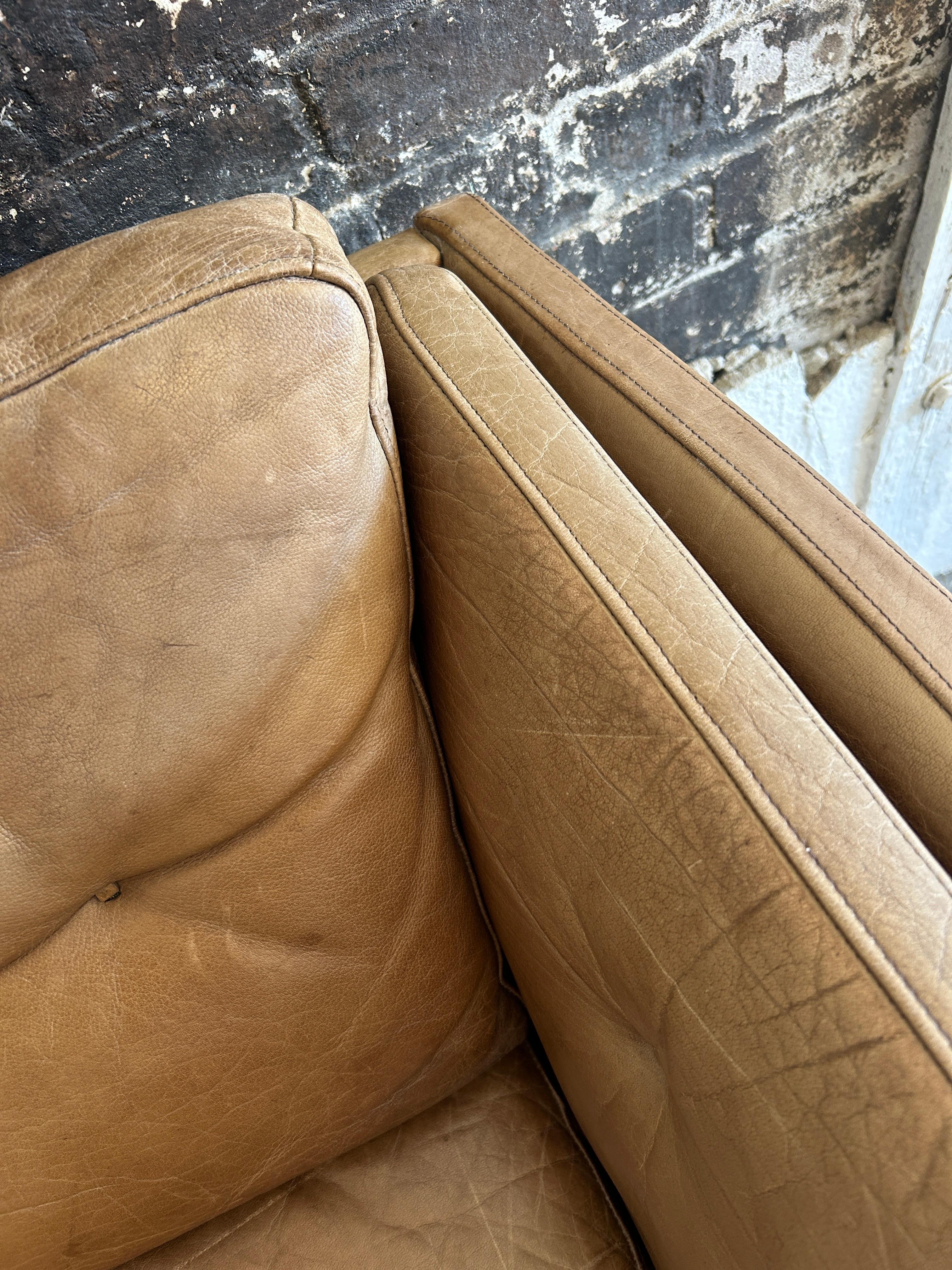 Mid Century Danish Modern Brown Leather 2 Seat Sofa oak legs faded with patina  1