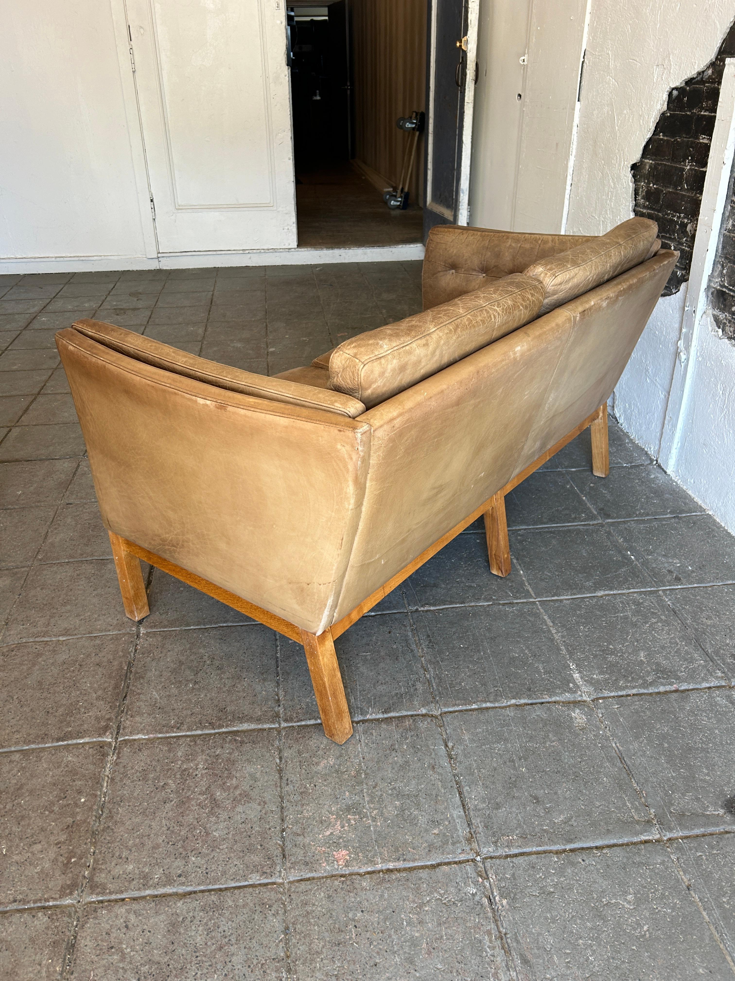 Mid Century Danish Modern Brown Leather 2 Seat Sofa oak legs faded with patina  2