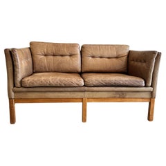 Mid Century Danish Modern Brown Leather 2 Seat Sofa oak legs faded with patina 